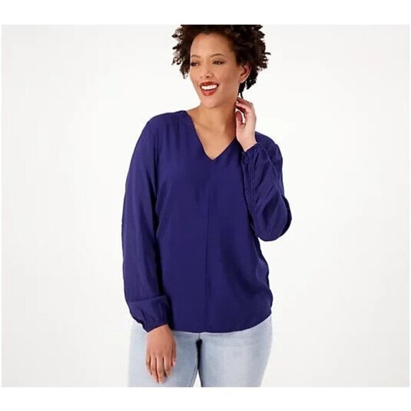 Peace Love World Gathered Sleeve Woven Blouse Navy Size 1X - Picture 1 of 1